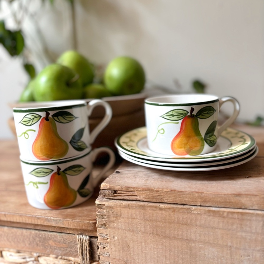 Stoneage Hand Painted Peramela Ceramic Tuscan Fruit Tea Espresso Cups Saucers - Picture 2 of 11